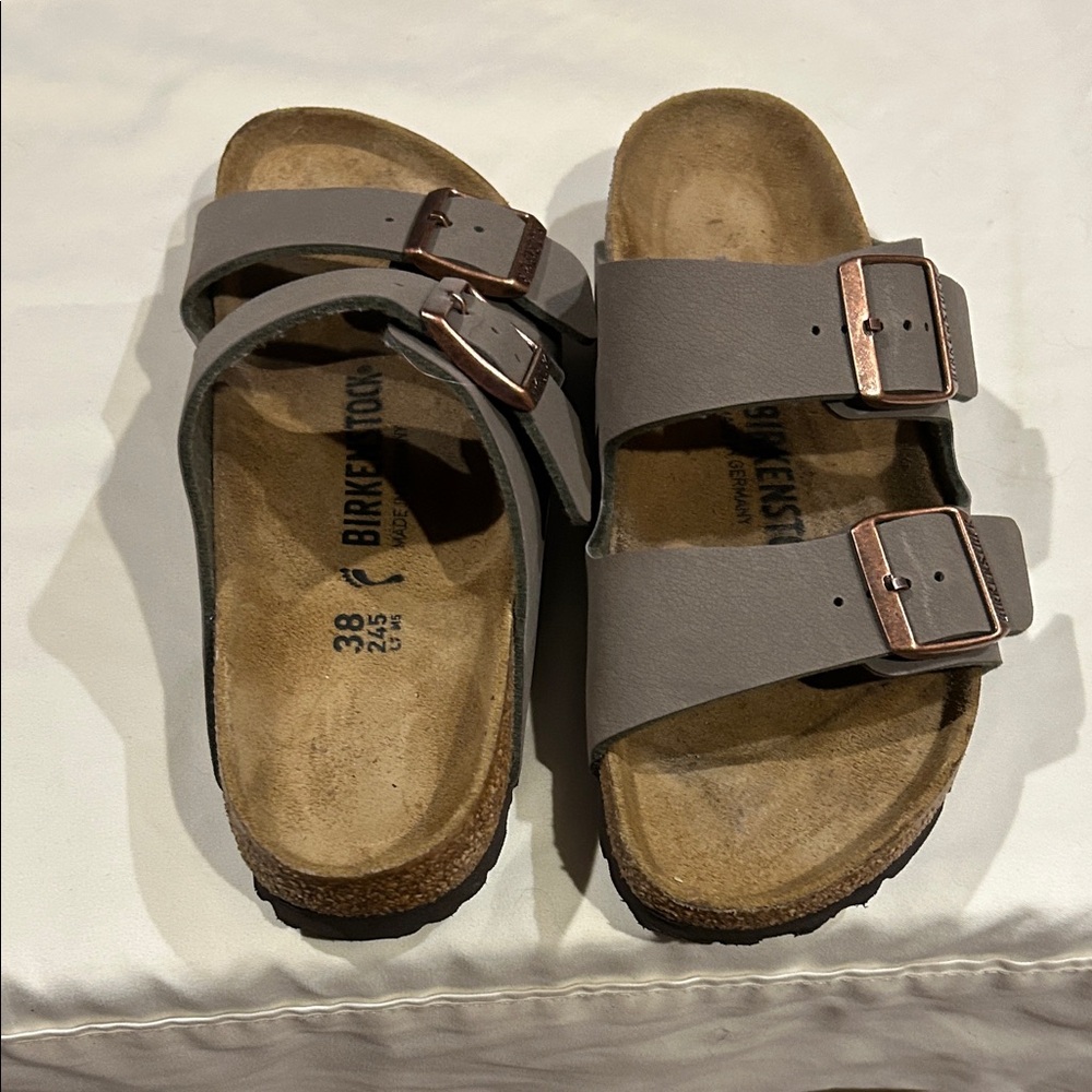 Birkenstock Arizona Sandals with Rose Gold Buckles (38, US 7.5)
